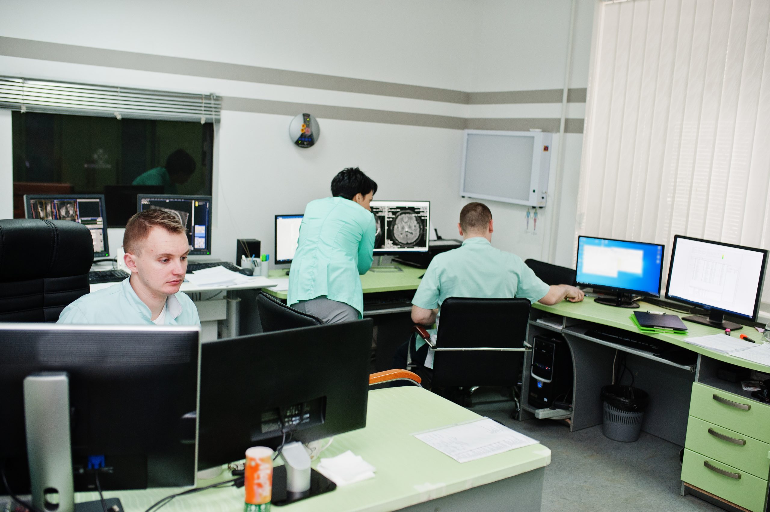 Medical theme.Observation room with a computer tomograph. The gr Medical theme.Observation room with a computer tomograph. The gr